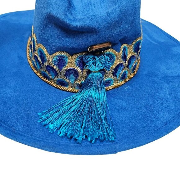 Peacock Royal Blue Velvet Cowboy Wide Brim Hat Tassel Embroidered Ribbon‎ Band M main image 8